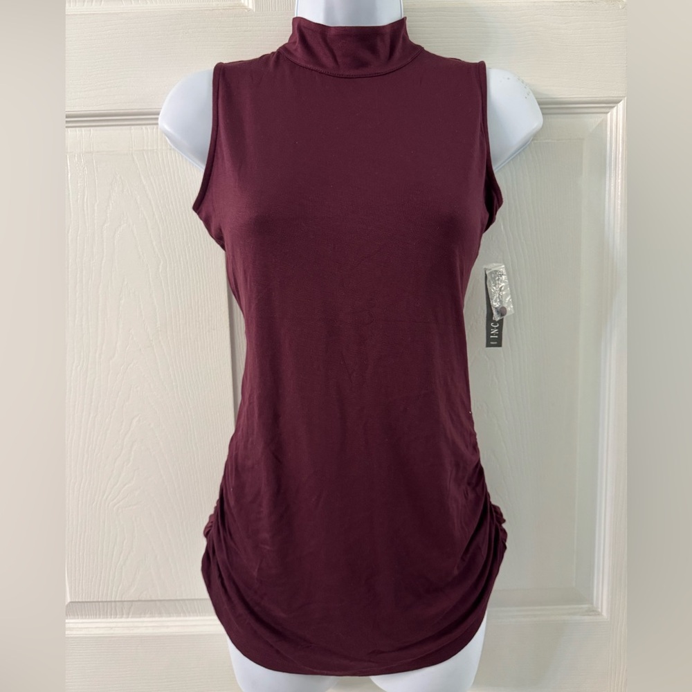 INC International Concepts Sleeveless Ruched Tank Top - Burgundy.NWT.Size Petite